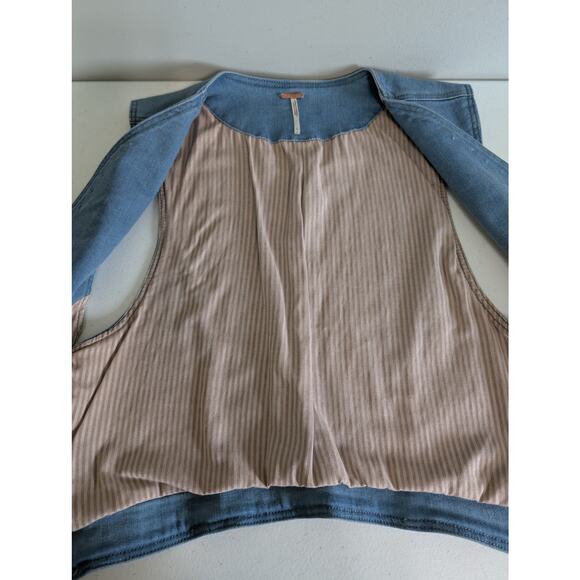 Free People Shrunken Military Vest Women L* Light Denim Blue Metal Buttons Lined - Picture 7 of 9